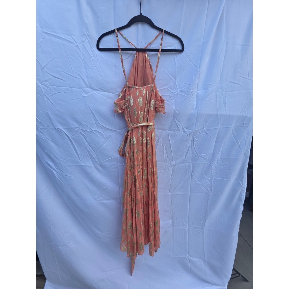 Sundress Orange Gold Metallic Fil Coupe Ruffle Halter Maxi Dress Size Large NWT - Picture 5 of 11